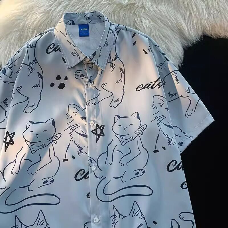 印花可爱猫咪甜美短袖衬衫学院风宽松情侣百搭衬衣102B-C2403P35,男装衬衫,星座102B