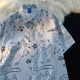 印花可爱猫咪甜美短袖衬衫学院风宽松情侣百搭衬衣102B-C2403P35，男装衬衫，星座102B