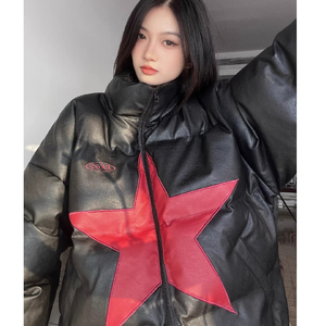 美式街头复古星星加厚pu皮棉服外套男女宽松面包服102B-M6162P118图片