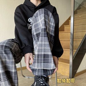 加绒复古格子阔腿裤秋冬韩版宽松直筒休闲裤102B-K813P45加绒55