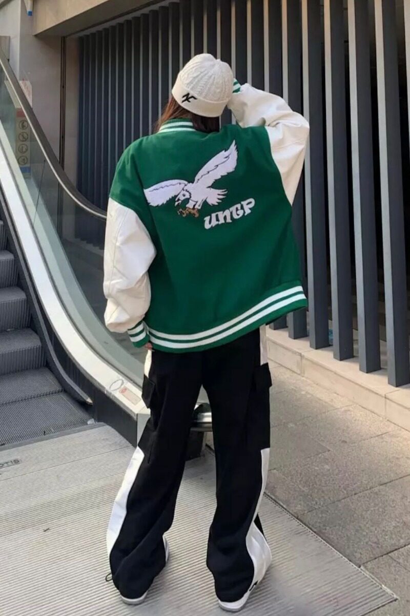 绿色棒球服男女街头PU袖子拼接夹克字母刺绣毛呢外套102B-W172P78,女装短外套,星座102B