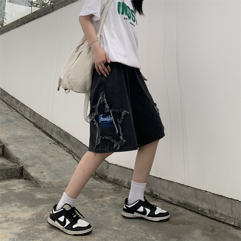 牛仔短裤男女原宿风ins高街水洗五星字母印花五分裤102B-N297P55图片