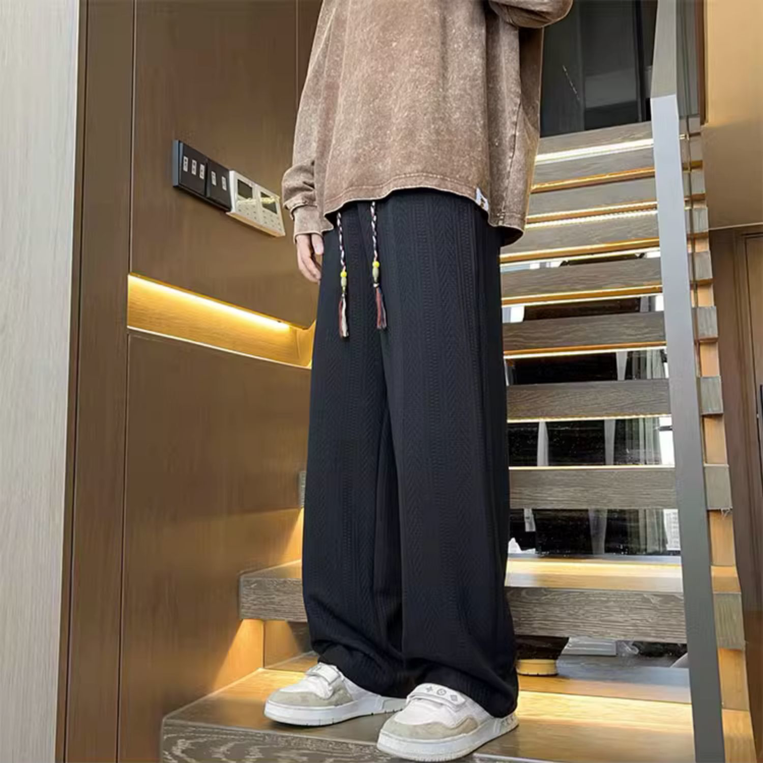 加绒加厚麦穗条纹直筒裤秋冬韩版宽松阔腿长裤男女102B-K2315P55,男装休闲裤,星座102B