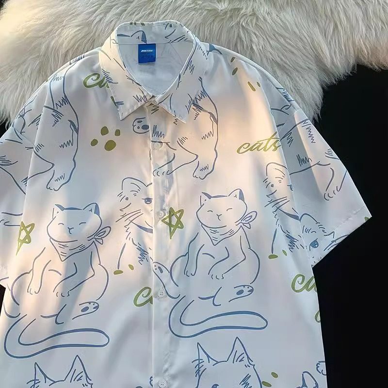 印花可爱猫咪甜美短袖衬衫学院风宽松情侣百搭衬衣102B-C2403P35,男装衬衫,星座102B