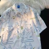 印花可爱猫咪甜美短袖衬衫学院风宽松情侣百搭衬衣102B-C2403P35，男装衬衫，星座102B