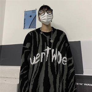 春原宿风斑马纹暗黑字母提花宽松男女针织毛衣外套102B-M616P58图片
