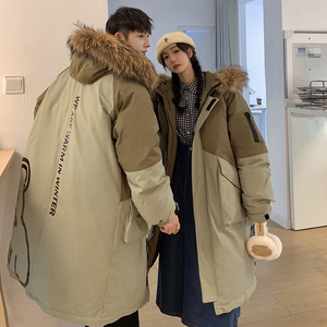加厚潮拼接熊熊印花连帽中长宽松保暖羽绒服男女102B-Y5068P195图片