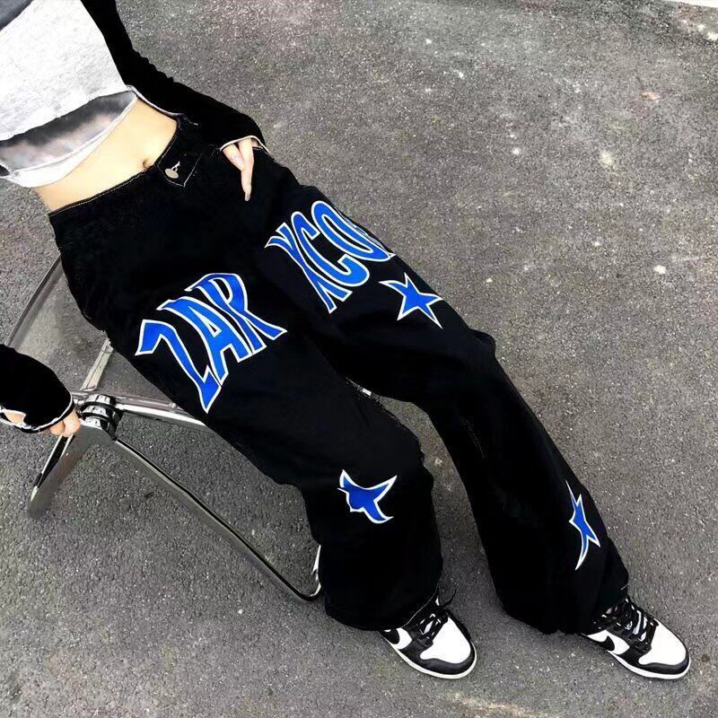 嘻哈高街水洗牛仔裤宽松直同长裤男女美式印花潮102B-N1007P55,男装牛仔裤,星座102B