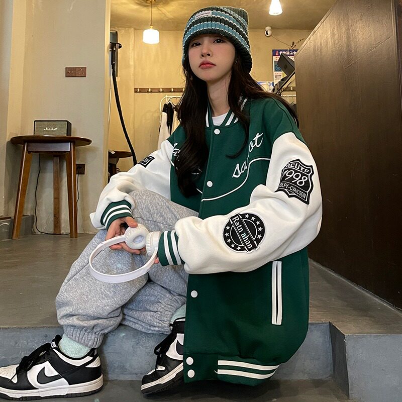复古绿色棒球服设计感oversize潮高街美式外套女102B-W8001P75,男装夹克,星座102B
