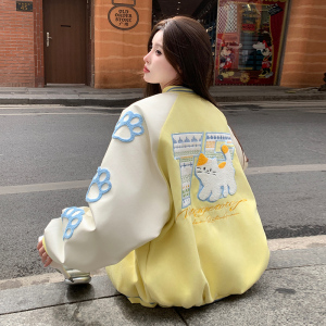 秋2025复古猫咪刺绣棒球服外套情侣宽松夹克上衣潮102B-JK821P78图片