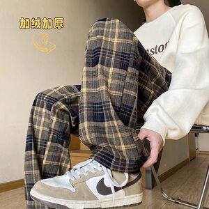 加绒复古格子阔腿裤秋冬韩版宽松直筒休闲裤102B-K813P45加绒55图片