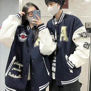 秋2025情侣PU皮袖龙凤尼毛巾绣双层棒球服夹克潮牌102B-JK829P75图片