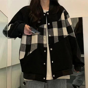 秋25复古格子拼接棒球服外套原宿宽松盐系休闲夹克102B-JK831P68图片