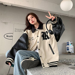 秋2025美式复古拼接棒球服韩版学生宽松夹克外套潮102B-JK853P75图片