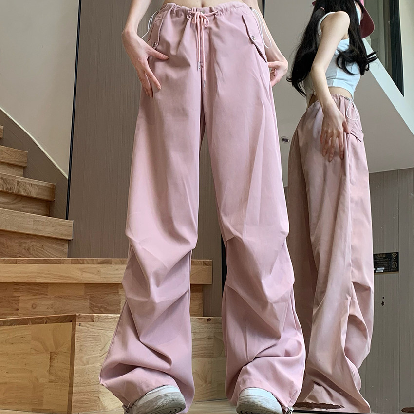 美式工装裤女高腰直筒阔腿裤粉色休闲拖地裤可束脚102B-K8142P58,女装休闲裤,星座102B