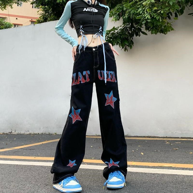 牛仔嘻哈宽松美式星星印花做旧牛仔裤休闲男女长裤102B-N1008P55图片