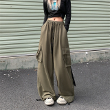 水洗全棉美式复古工装裤女高腰宽松多口袋飘带直筒裤102B-K303P68，男装休闲裤，星座102B