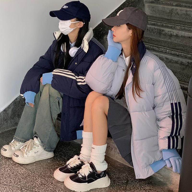 学院风潮牌三条杠拼接棉服宽松保暖韩版情侣冬棉衣102B-M6005P98,男装棉衣,星座102B