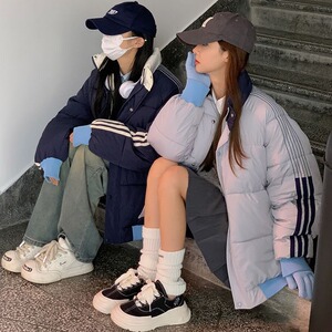 学院风潮牌三条杠拼接棉服宽松保暖韩版情侣冬棉衣102B-M6005P98图片