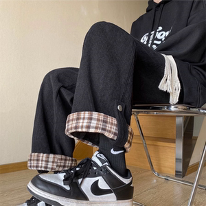 加绒灯芯绒格子翻边阔腿裤韩版宽松直筒休闲裤102B-K053P48加绒55，男装卫衣，星座102B