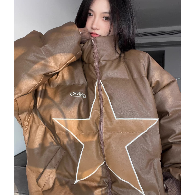 美式街头复古星星加厚pu皮棉服外套男女宽松面包服102B-M6162P118，男装棉衣，星座102B