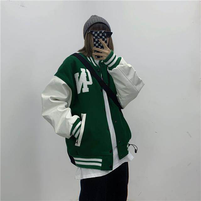 秋棒球服外套宽松拼接刺绣毛呢PU皮袖夹克休闲外套102B-W172P78图片