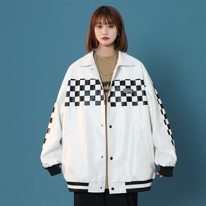 PU皮外套高街潮机车夹克春棋盘格拼接美式上衣男女102B-JK9909P85,男装夹克,星座102B
