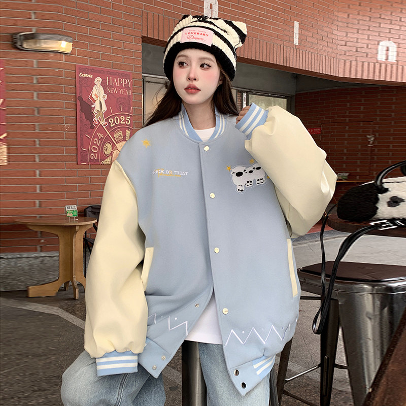 秋2025拼接可爱小羊棒球服美式小众学院风外套夹克102B-JK822P78,男装夹克,星座102B