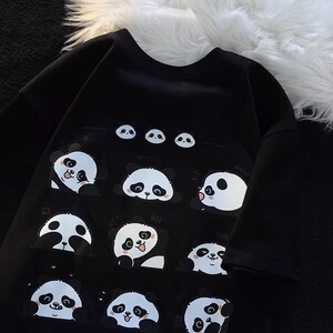 卡通潮牌熊猫短袖t恤多巴胺小众纯棉情侣甜美上衣102B-T9855P30图片