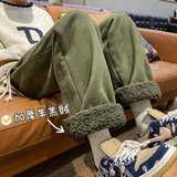 军绿色特厚羊羔毛裤子设计感小众高级麂皮绒卫裤大码加绒阔腿裤潮，男装休闲裤，星座102B