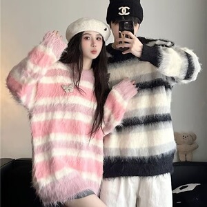 秋冬25纯长貂毛软糯条纹慵懒条纹毛衣男女针织上衣102B-M5253P78图片