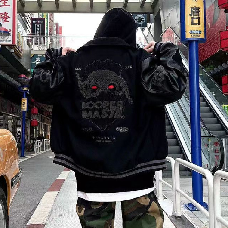 原版秋2025棒球服皮袖外套潮牌高街hiphop嘻哈夹克102B-JK605P75图片