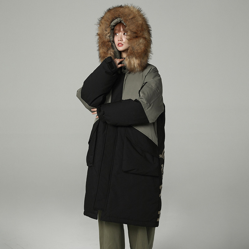 加厚潮拼接熊熊印花连帽中长宽松保暖羽绒服男女102B-Y5068P195,男装羽绒服,星座102B