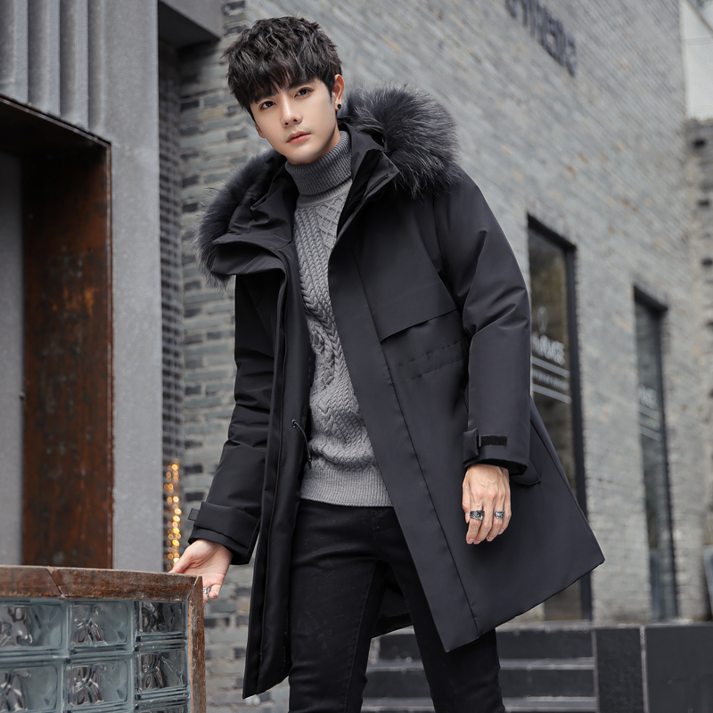 90%白鸭绒冬装新款中长款连帽真毛领情侣羽绒服男102B-R073P335，男装羽绒服，星座102B