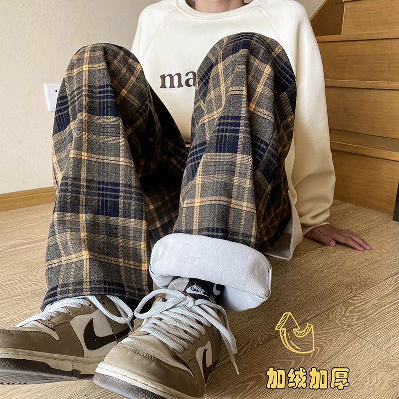 加绒复古格子阔腿裤秋冬韩版宽松直筒休闲裤102B-K813P45加绒55，男装卫衣，星座102B