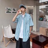 衬衫男日系宽松夏季薄款短袖衬衣设计感休闲条纹102B-C8607P35，男装衬衫，星座102B