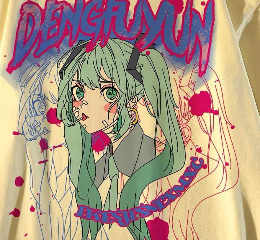 纯棉精梳绿发双马尾女孩印花高街时尚百搭潮个性T恤102B-T1237P30,男装T恤,星座102B
