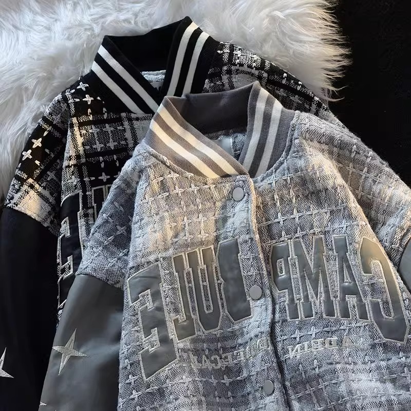 秋2025双层原版刺绣十字架棒球服宽松pu皮拼接夹克102B-JK333P78，男装夹克，星座102B