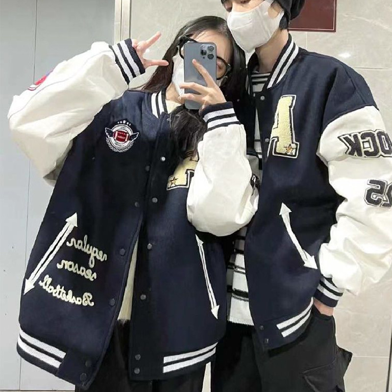 秋2025情侣PU皮袖龙凤尼毛巾绣双层棒球服夹克潮牌102B-JK829P75,男装夹克,星座102B