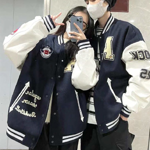 秋2025情侣PU皮袖龙凤尼毛巾绣双层棒球服夹克潮牌102B-JK829P75图片