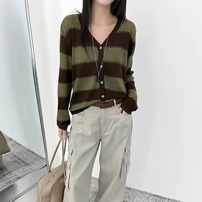 韩系开衫条纹羊毛针织衫女