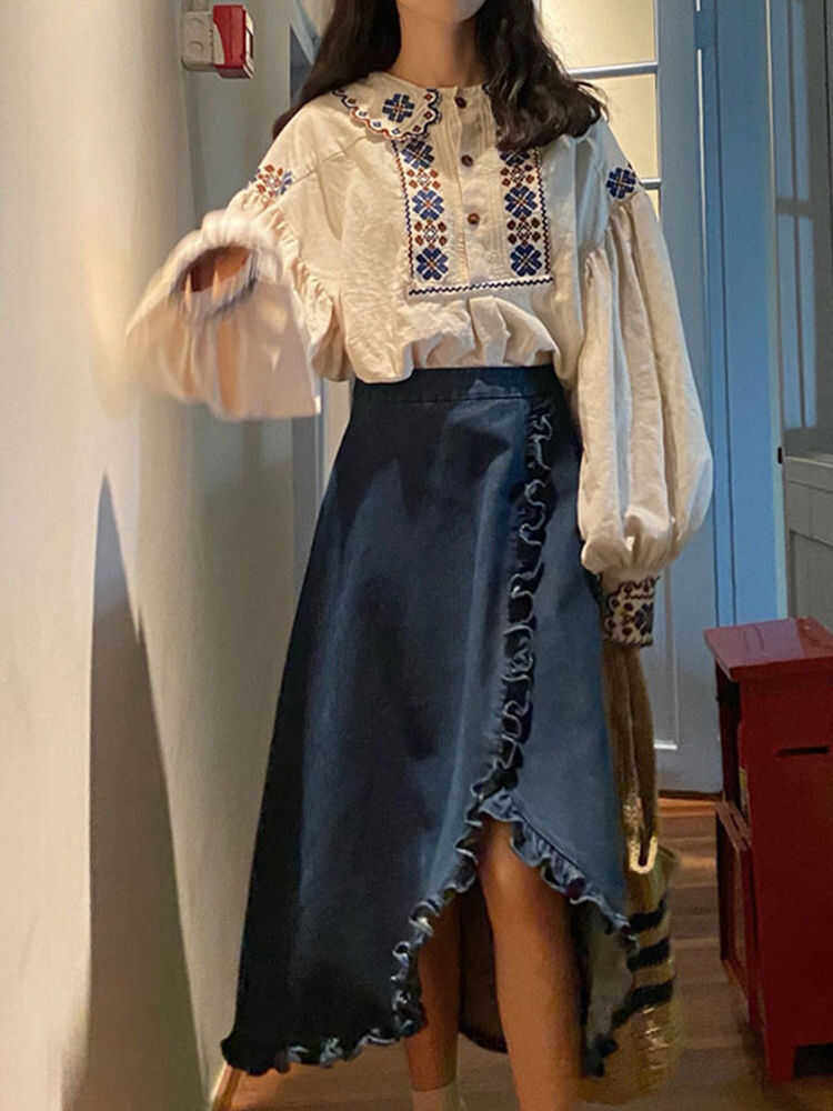 早春小个子复古牛仔裙亚麻棉重工刺绣波浪边灯笼袖衬衫女上衣套装