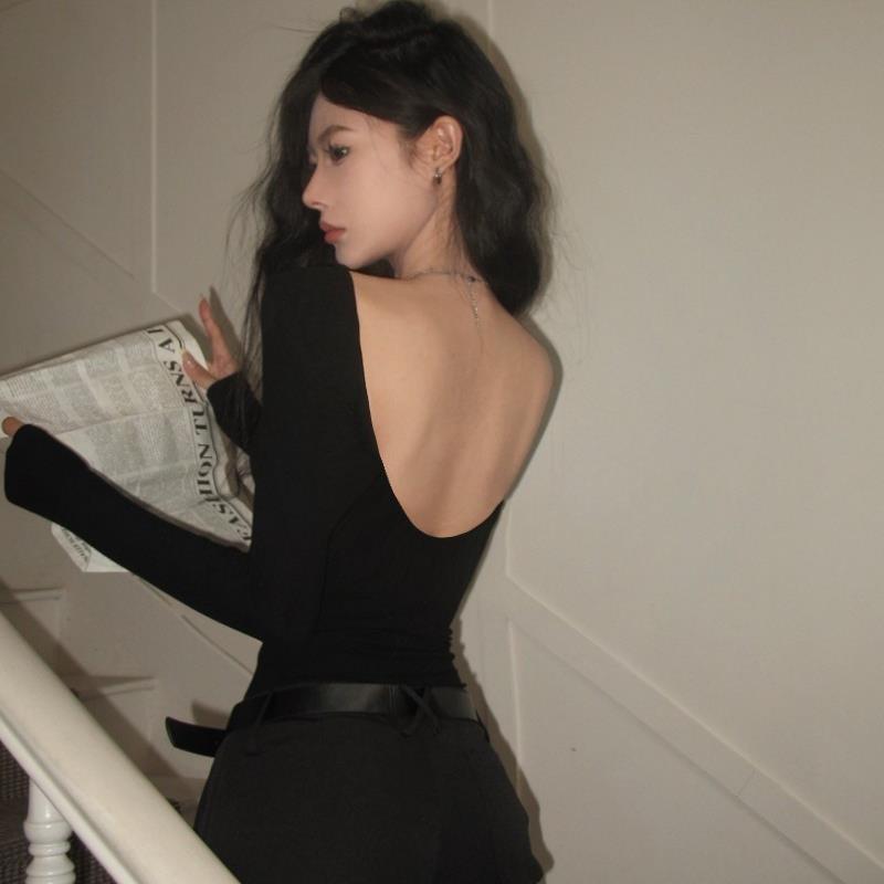 欧美性感修身大露背T恤女2024年春季黑色紧身弹力打底衫长袖上衣