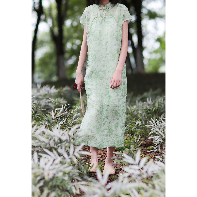 中国风复古h版型苎麻古典绿连衣裙中式韵味印花禅意改良显瘦旗袍