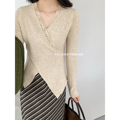 江左 纯欲绝美秋冬内搭蕾丝拼接v领交叉打底衫女chic别致上衣