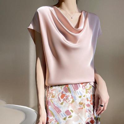 2025春夏季新款女装时尚堆堆领短袖T恤洋气缎面显瘦气质百搭上衣