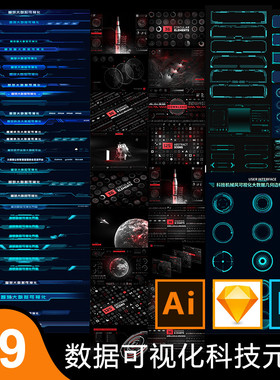 数据可视化大屏Bi蓝色hud科技酷炫设计矢量统计图表边框按钮元素
