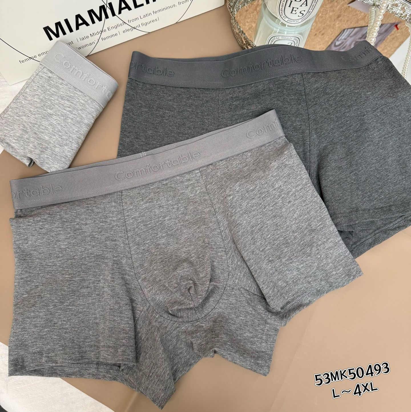 米娅林50493纯棉中腰男士内裤灰色系大码宽松舒适抗菌平角四角裤