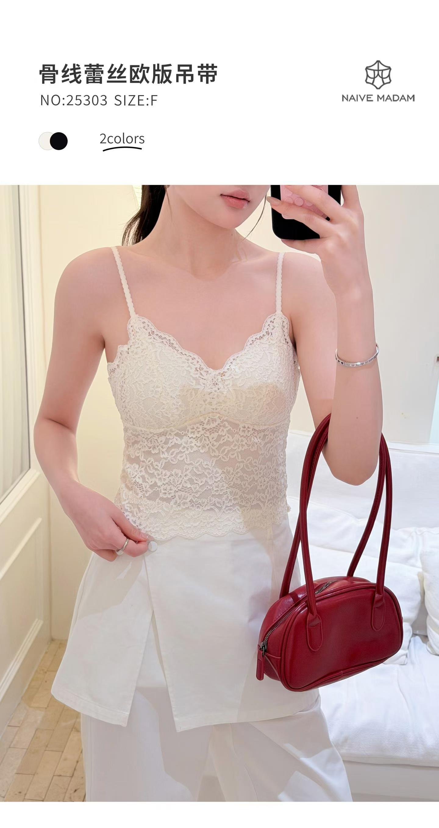 骨线蕾丝吊带背心女内目欧版外穿带胸垫纯欲美背打底上衣25303
