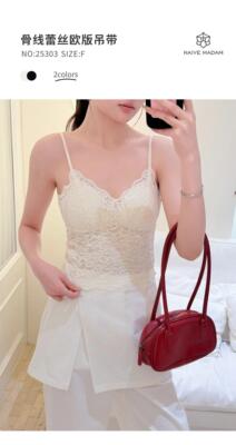 内目25303骨线蕾丝吊带背心女欧版外穿带胸垫纯欲美背打底上衣